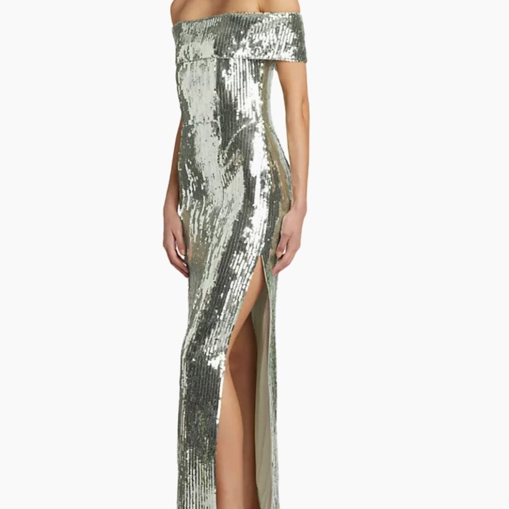 Galvan London 'Glencoe' Sequined Off-The-Shoulder Gown in Seaglass - Picture 4 of 6